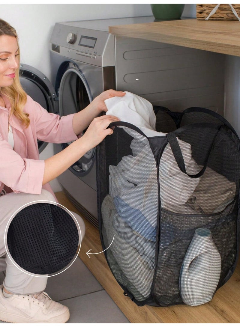 سلة غسيل قابلة للطي من الشبك الأسود بمقابض – سلة ملابس متينة وقابلة للطي بتصميم واسع مع قماش قابل للتنفس وإطار قوي – مثالية لغرفة النوم، الحمام، والسكن الطلابي – هدية مثالية لعيد الفصح، الهالوين وعيد الميلاد - Image 2